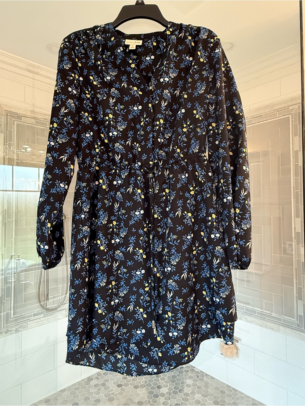 Maison Jules Black Floral Long-Sleeve Drawstring Dress